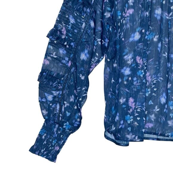 French Connection Blue Floral Ruffle High Neck Long Sleeve Top | M - Picture 6 of 11